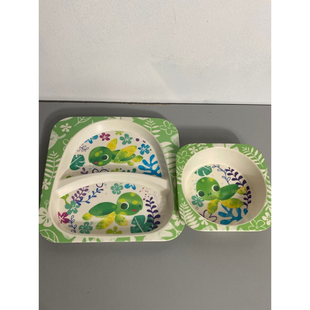 Island Heritage Kids Divided Plate and Bowl‎ Turtle Floral Bamboo Blend Set